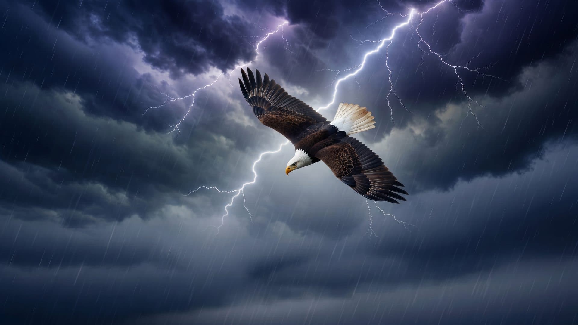 Eagle flying through storm