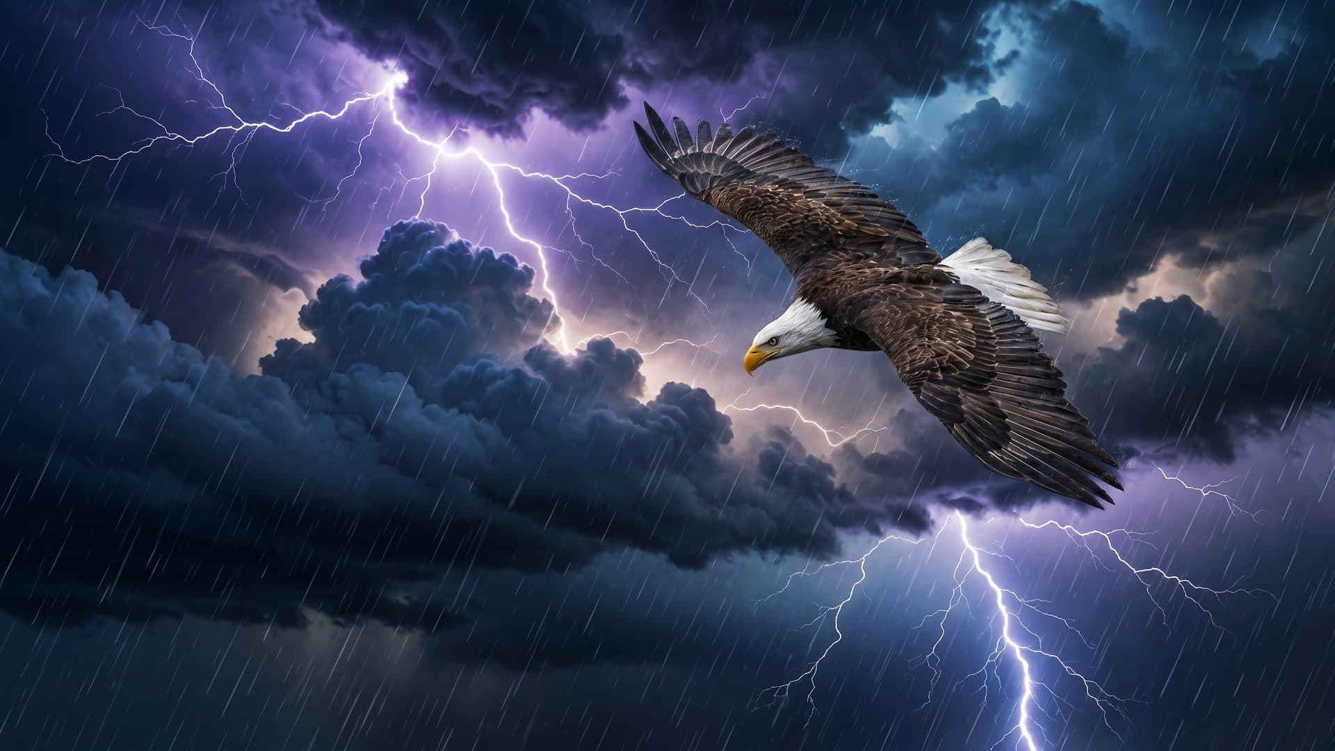 Eagle soaring through storm clouds